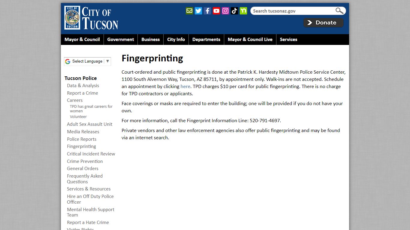 Fingerprinting | Official website of the City of Tucson